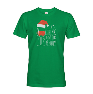 Pánské vianočné tričko s potlačou vína a nápisom Drink and be merry