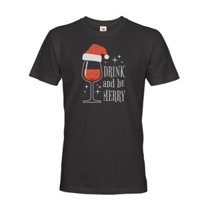 Pánské vianočné tričko s potlačou vína a nápisom Drink and be merry