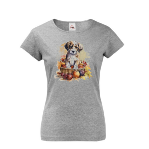 Roztomilé dámské tričko s potlačou psíka v košíku